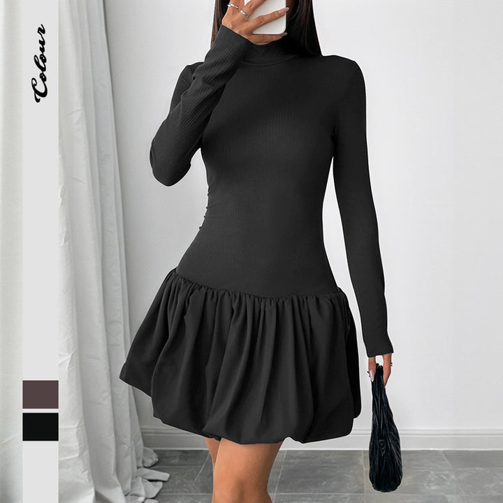 Damen Figurbetontes Minikleid mit Rippenoberteil, Stehkragen und gerafftem Ballonrock – Élara