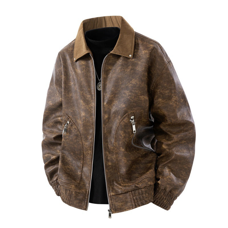 Herren Nano Vintage Lederlook Bomberjacke mit Cordkragen, zwei Reißverschlusstaschen und elastischem Saum – Brevano