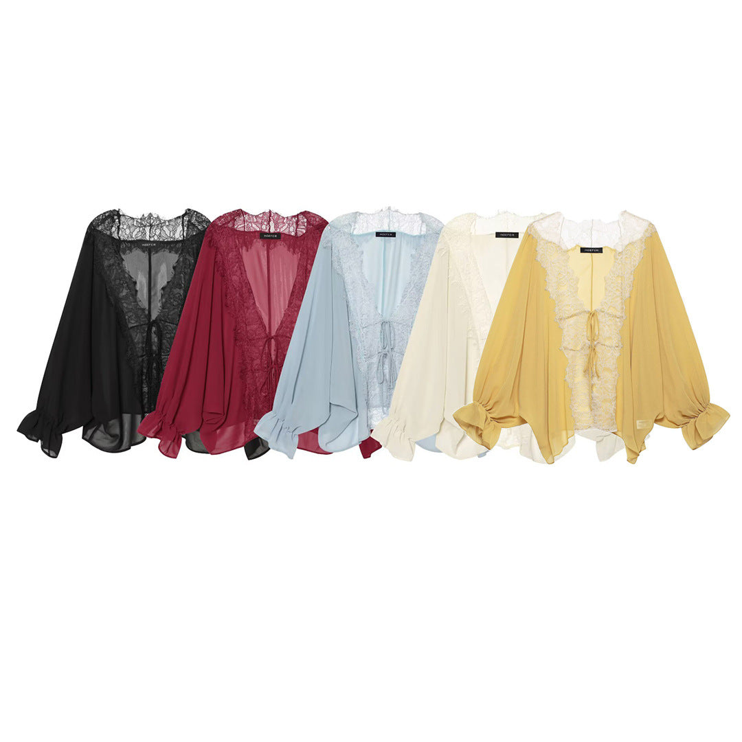 Damen Fließende Kimono‑Bluse mit Spitzenbesatz und Bindeband Echoarchiv