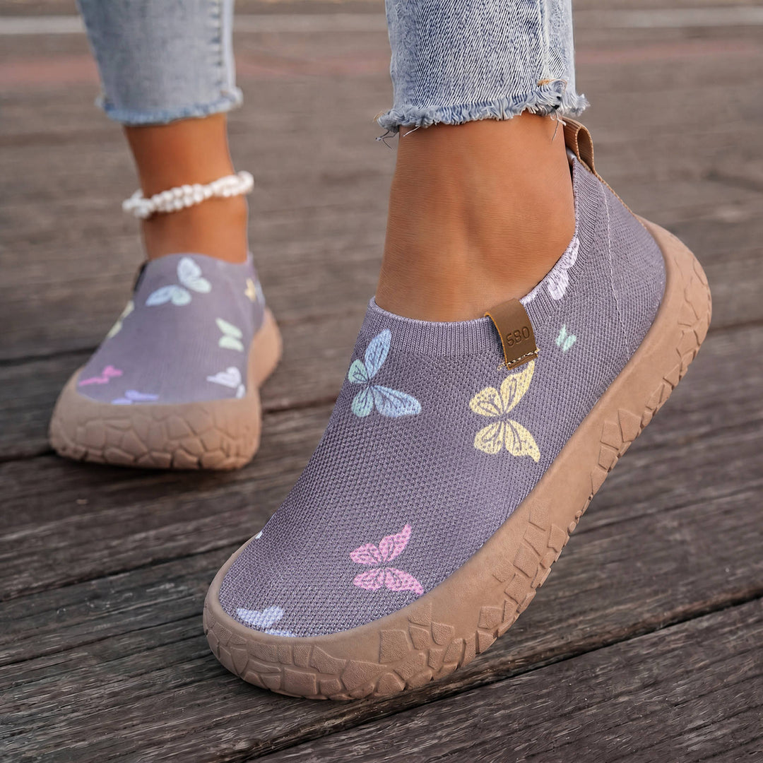 Damen nan atmungsaktiver Strick-Slipper mit Aquarell-Schmetterlingsprint und griffiger Outdoorsohle Echo Archiv
