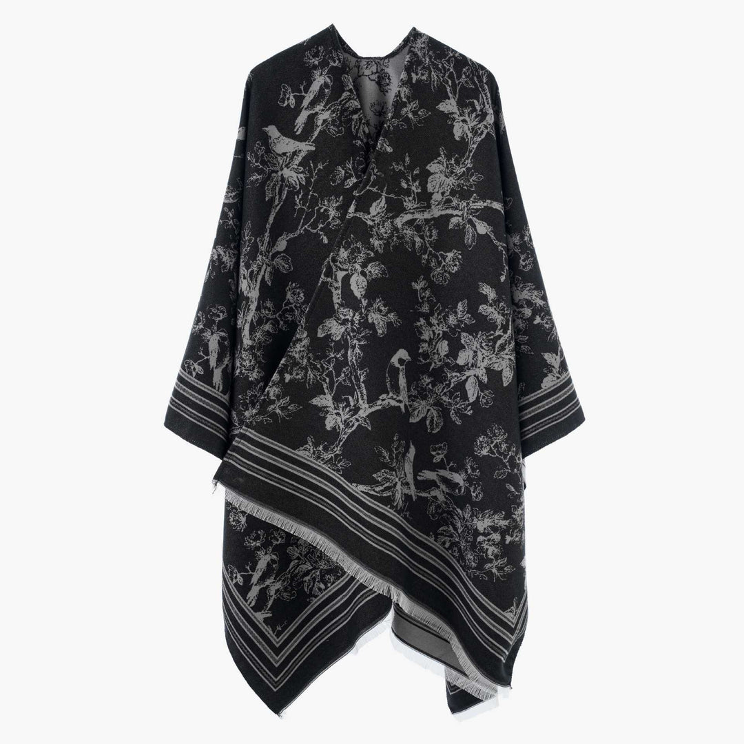 Damen Jacquard‑Poncho im Kimono‑Stil mit Vogel‑Blütenmuster – Avérine