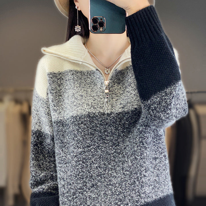 Damen Oversize-Strickpullover mit halbem Zip, meliertem Blockstreifen und weichem Flor Echoarchiv