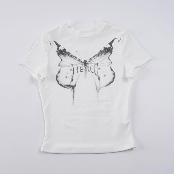 Damen Kurzarm-T-Shirt mit elegantem Schmetterlingsdesign und Stehkragen Echo Archiv