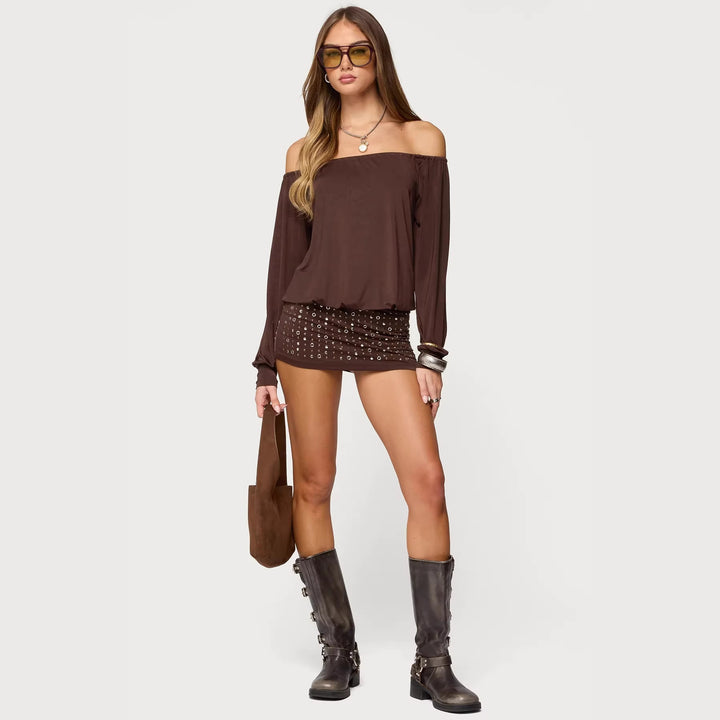Damen Off-Shoulder Top mit eleganten langen Ärmeln und figurbetontem Rock Echo Archiv
