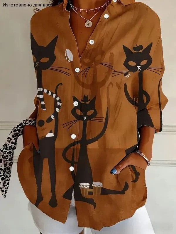 Damen Modische Hemdbluse mit einzigartigem Katzenmotiv Echoarchiv