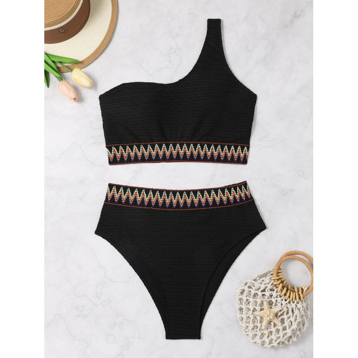 Damen Hochtailliertes Bikini-Set mit asymmetrischem Oberteil und dekorativem Muster Echo Archiv