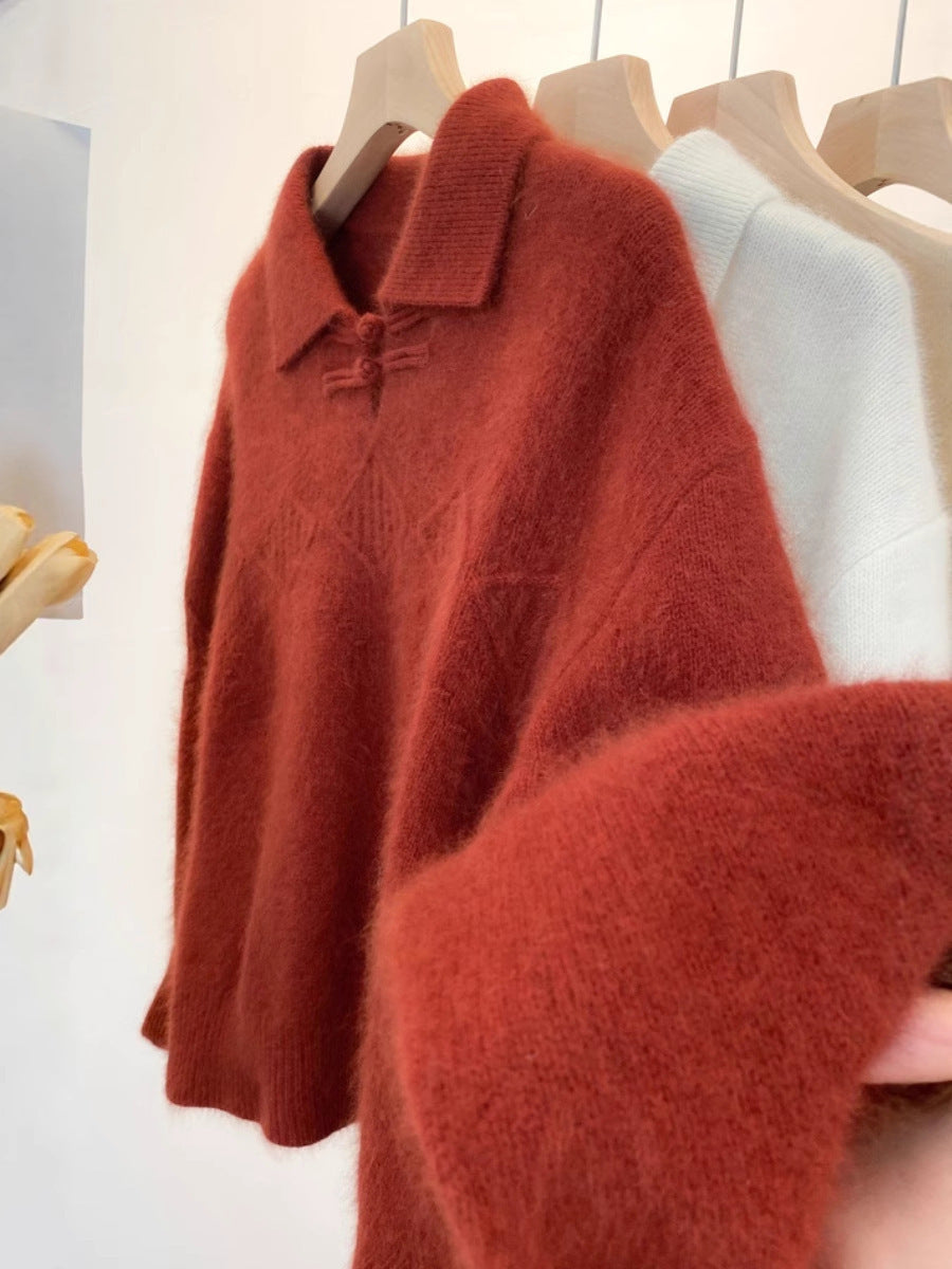 Damen Polokragen-Pullover im Mohair‑Look mit Ajour‑Zopfmuster, überschnittener Schulter und weiter Silhouette Echoarchiv