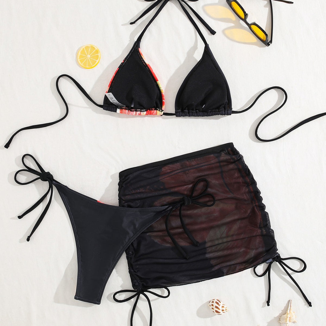 Damen Triangel-Bikini mit transparentem Rockelement und floralem Design Echo Archiv