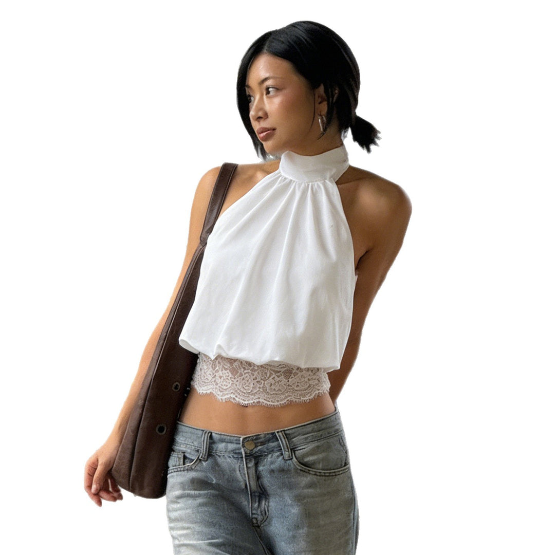 Damen sexy Haltertop mit Spitzenbesatz und Raffungen Echo Archiv