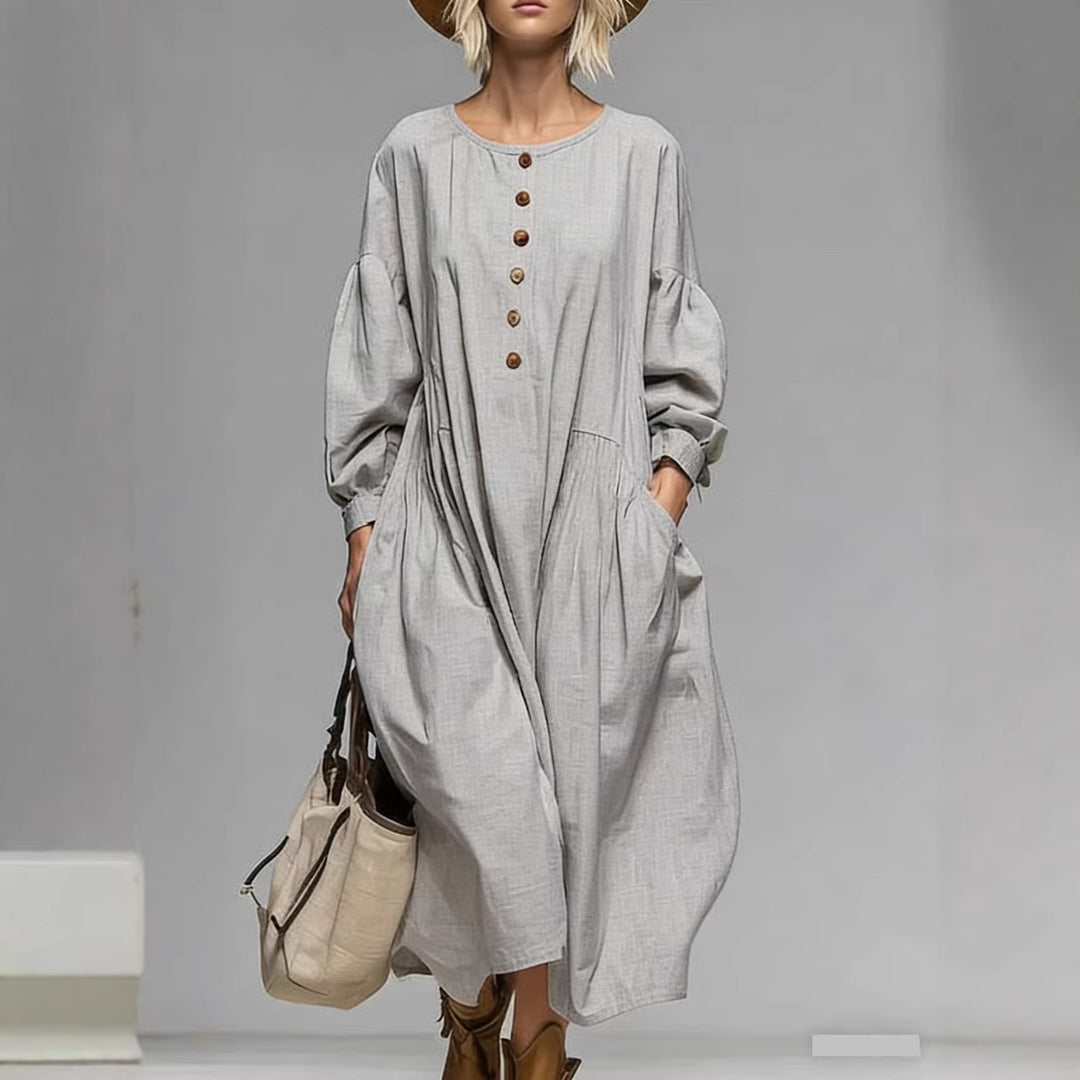Damen Lässiges Midi-Kleid mit Knopfleiste, Ballonärmeln und Eingrifftaschen – Élara