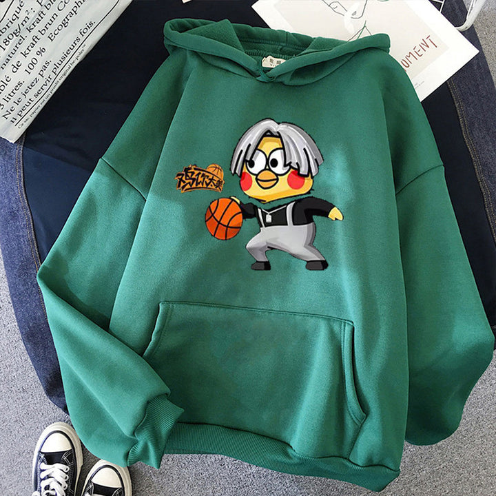 Unisex Kapuzenpullover mit Comic-Küken Basketballprint, Kängurutasche und weichem Fleece – Auréline