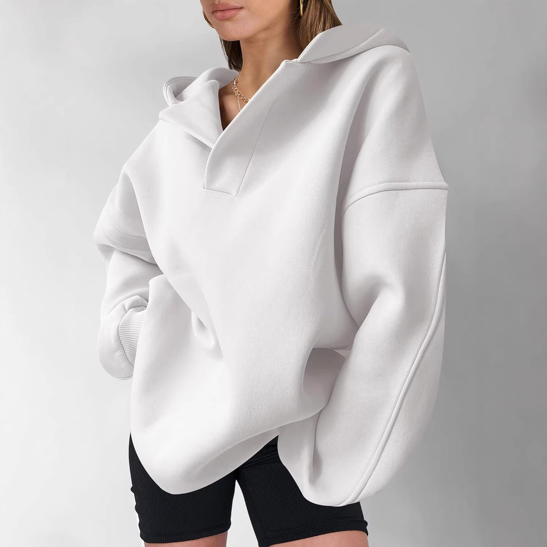 Damen Oversize-Kapuzenpullover aus schwerem Sweatstoff mit V‑Ausschnitt‑Detail und langen Rippbündchen – Auréline