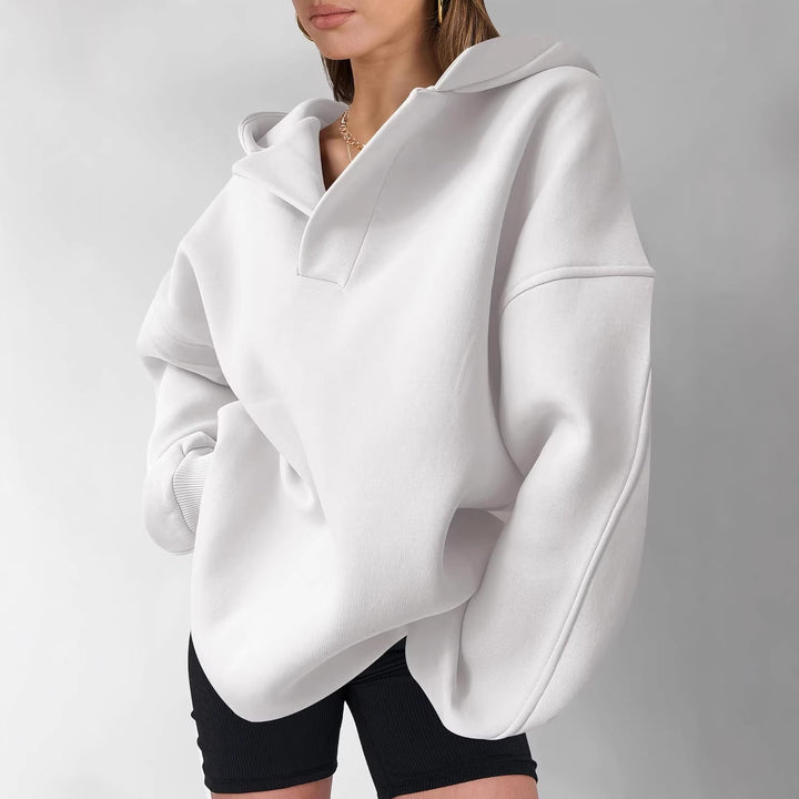 Damen Oversize-Kapuzenpullover aus schwerem Sweatstoff mit V‑Ausschnitt‑Detail und langen Rippbündchen – Auréline