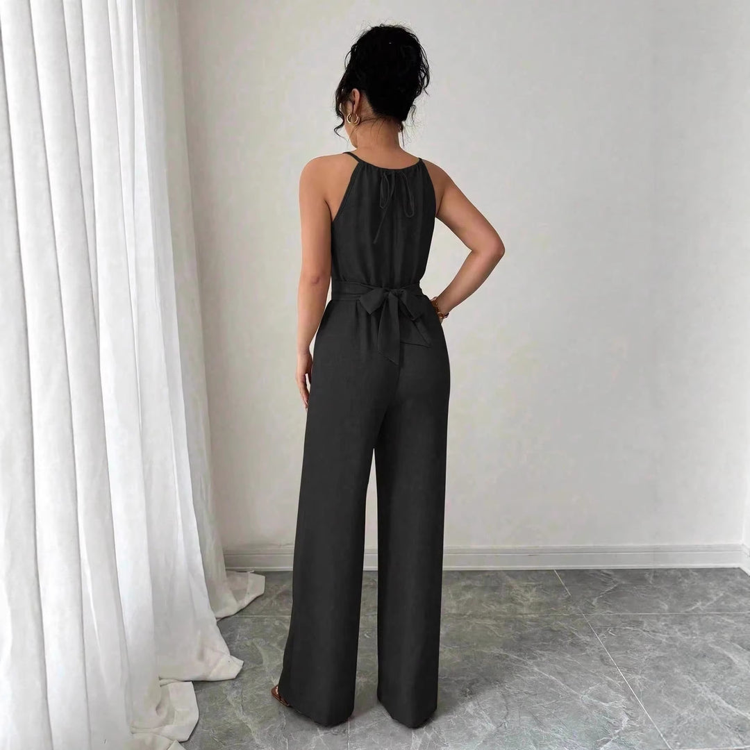 Damen Ärmelloser Neckholder-Jumpsuit mit Wickeloberteil und weitem Bein Echo Archiv