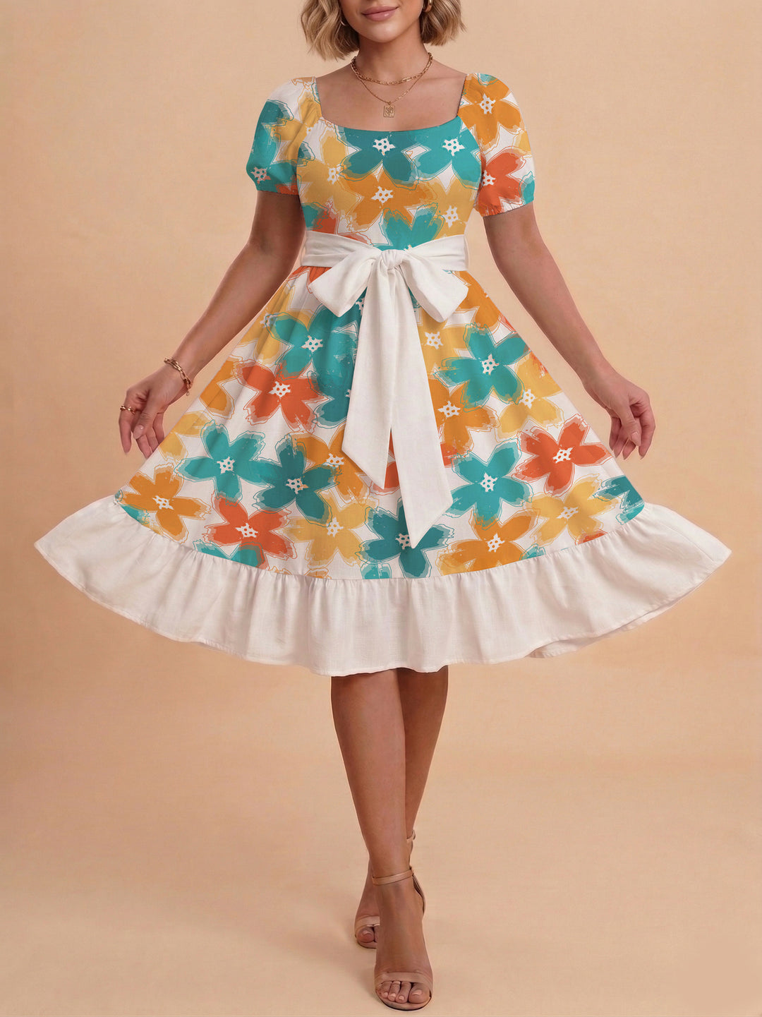 Damen Blumenkleid mit taillierbarem Gürtel und voluminösen Ärmeln Echo Archiv