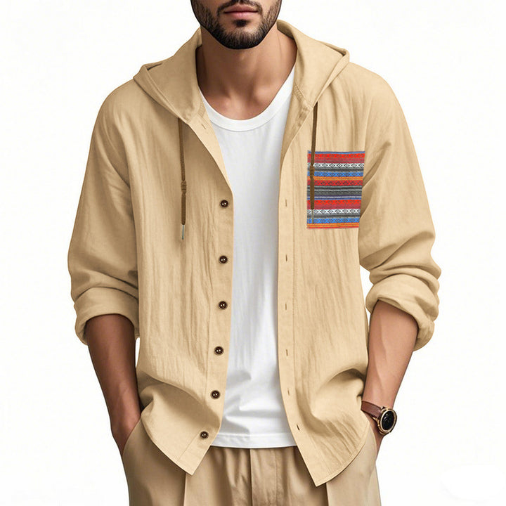 Herren nan leichte Kapuzenhemdjacke aus strukturierter Baumwollmischung mit Ethno‑Brusttasche und Knopfleiste Echo Archiv