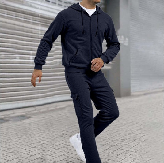 Herren athletischer Zip-Sweatset mit Cargo-Jogginghose, ergonomischen Nähten und gerippten Bündchen – Cavarno