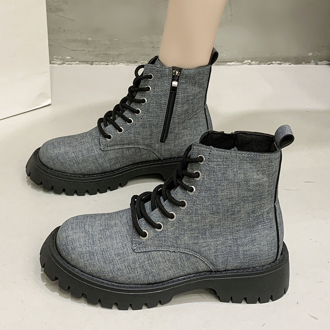 Damen Chunky Combat-Ankleboots aus Denimoptik mit robust profilierter Sohle und seitlichem Reißverschluss Echo Archiv