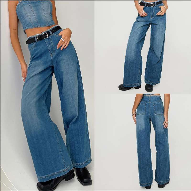 Damen nan hochgeschnittene Weitbein-Jeans mit rohem Bund, extra weitem Bein und Fünf-Taschen-Schnitt Echo Archiv