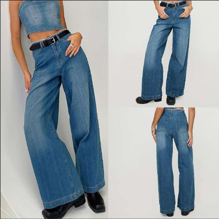 Damen nan hochgeschnittene Weitbein-Jeans mit rohem Bund, extra weitem Bein und Fünf-Taschen-Schnitt Echo Archiv