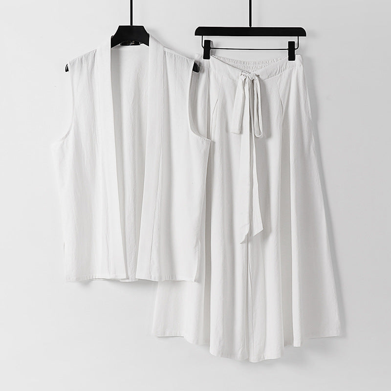 Damen Ärmellose Kimono-Weste und Hochtaillierte Culotte-Hose mit Bindegürtel Echoarchiv