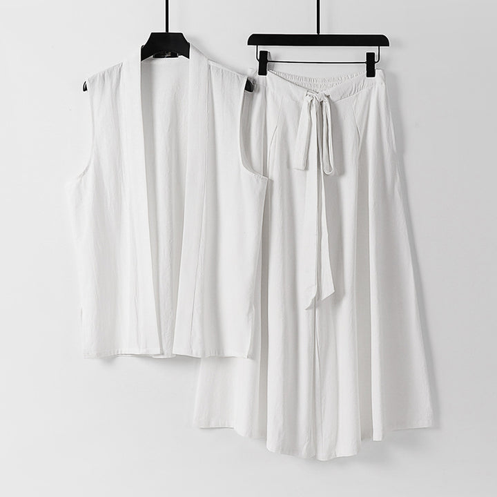 Damen Ärmellose Kimono-Weste und Hochtaillierte Culotte-Hose mit Bindegürtel Echoarchiv