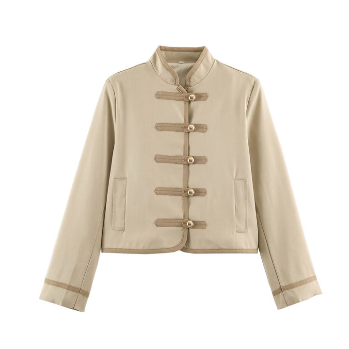 Damen Cropped Stehkragenjacke mit dekorativen Knebelverschlüssen und Boxy-Schnitt Echo Archiv