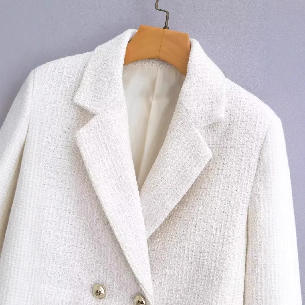 Damen kurze Bouclé-Cropped-Jacke mit Reverskragen und dekorativen Metallknöpfen – Célinea