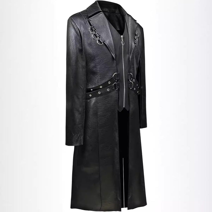 Herren Modische Kunstleder-Trenchcoat mit asymmetrischem Reißverschluss und dekorativen Details Echoarchiv