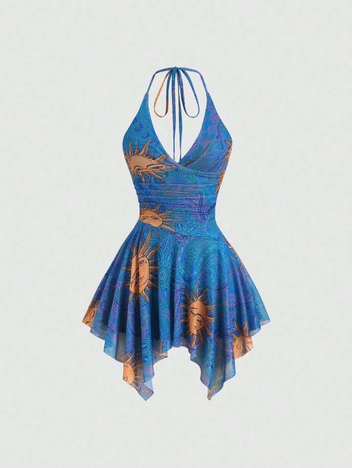 Damen lässiges Strandkleid mit asymmetrischem Saum und raffiniertem Druck Echoarchiv