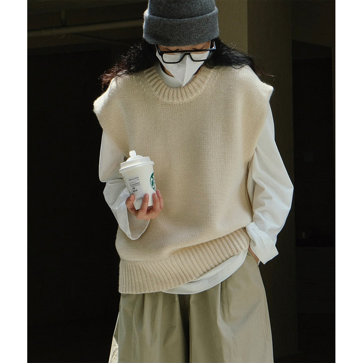 Damen Oversize-Ärmellose Grobstrickweste mit breitem Rippbund Echoarchiv