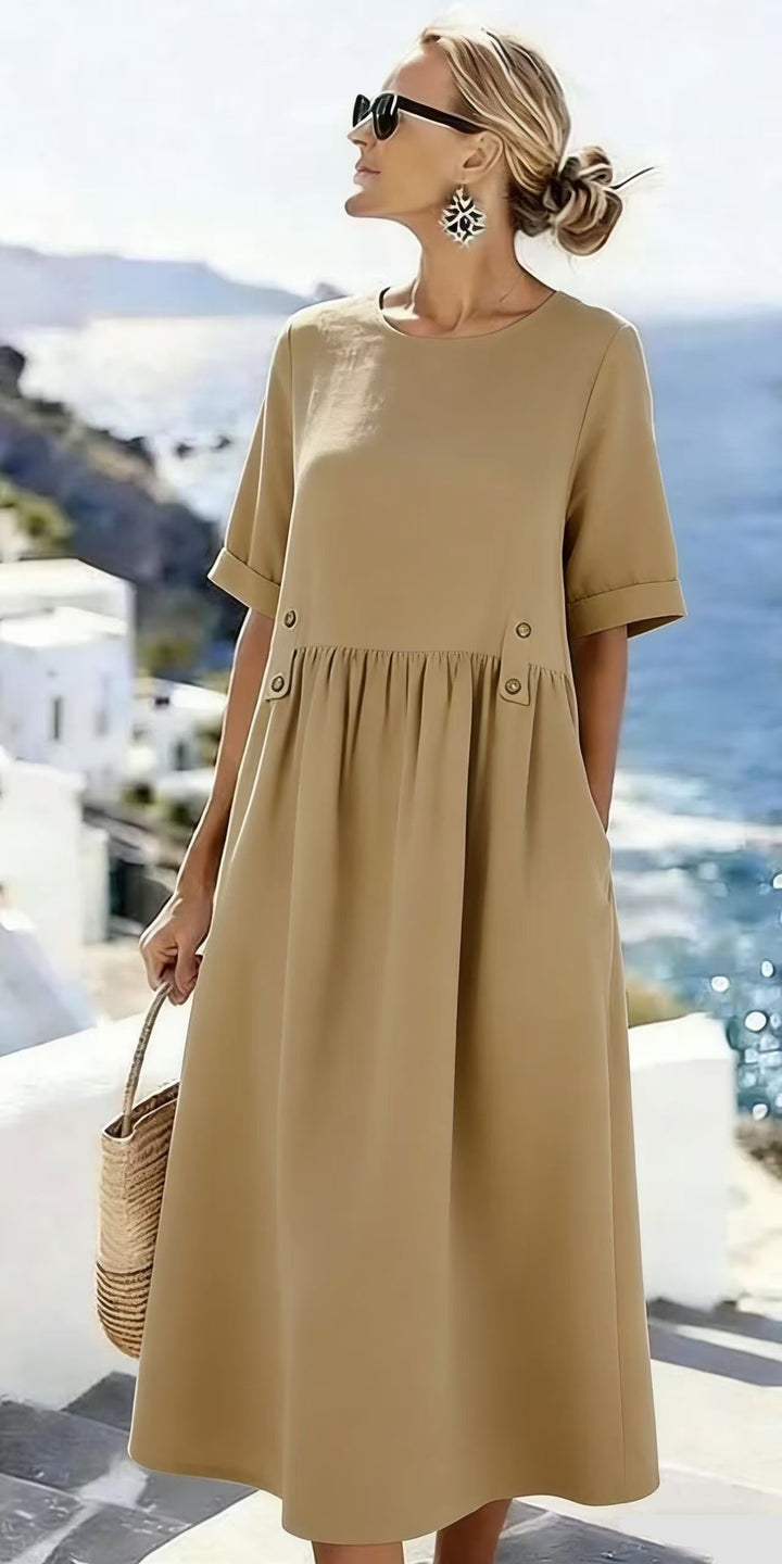 Damen Langes Leinenoptik-Sommerkleid mit geraffter Taillenpartie und Eingrifftaschen – Lunéa