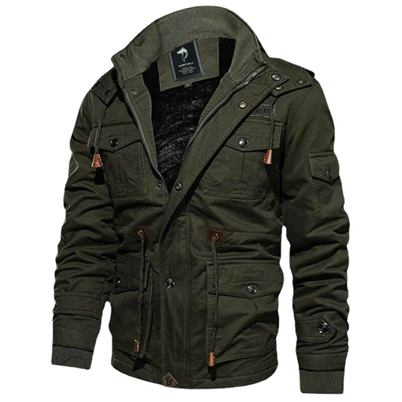 Herren Militärinspirierte Canvas-Fieldjacke mit Kapuze, Kordzug‑Taille und Fleece‑Innenfutter Echoarchiv