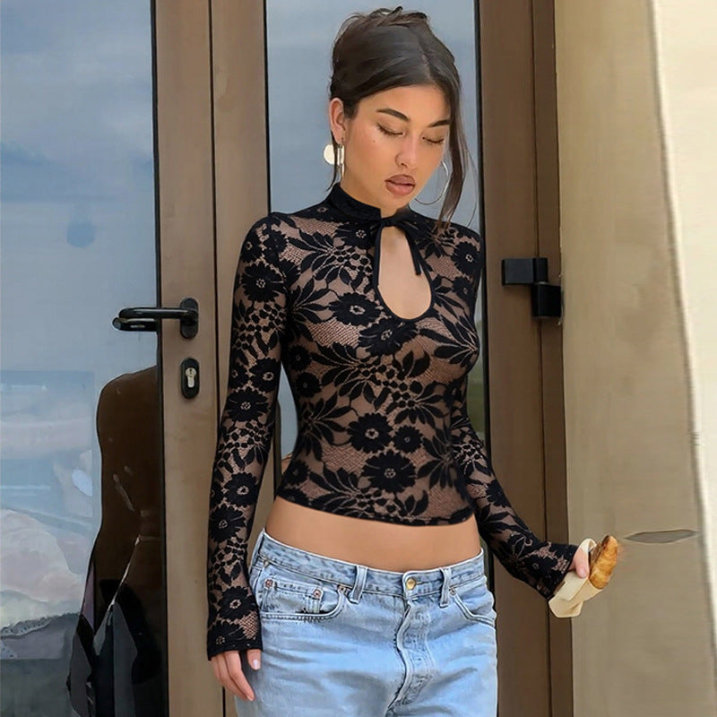 Damen Elegantes Spitzenoberteil mit hochgeschlossenem Design und floralem Muster Echo Archiv