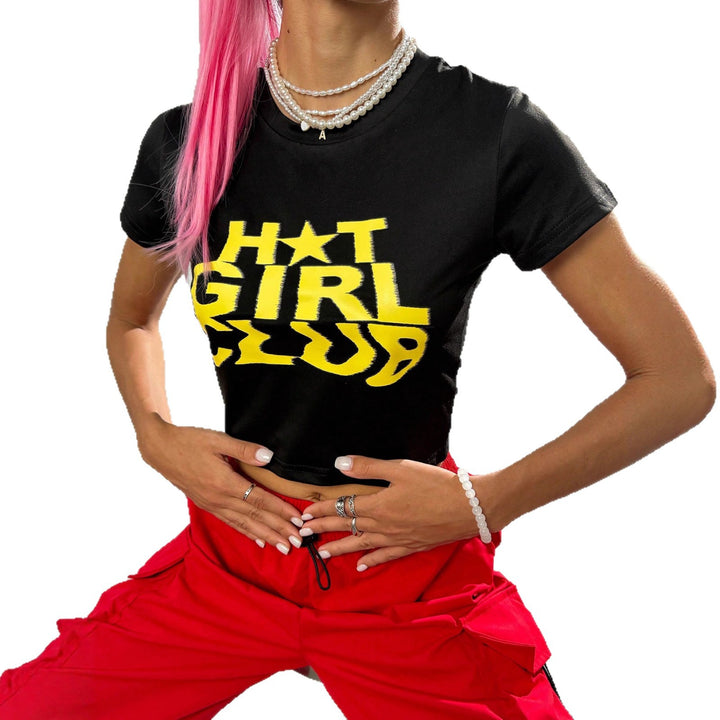 Damen Crop-T-Shirt mit auffälligem Schriftzug und figurbetontem Schnitt Echo Archiv