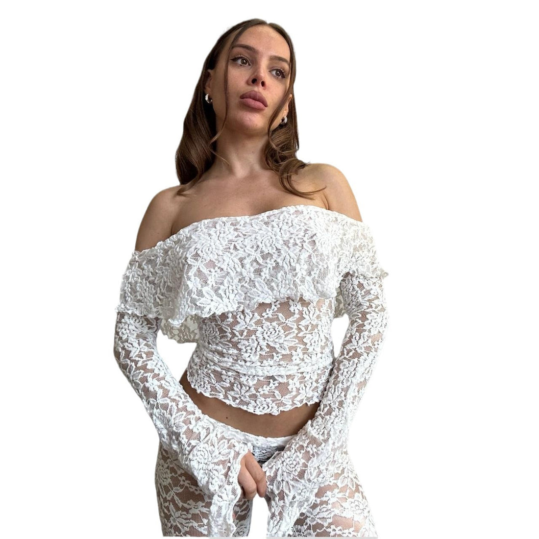 Damen Spitzen-Crop-Top mit weitem Ärmel und passenden Hose – Élanora