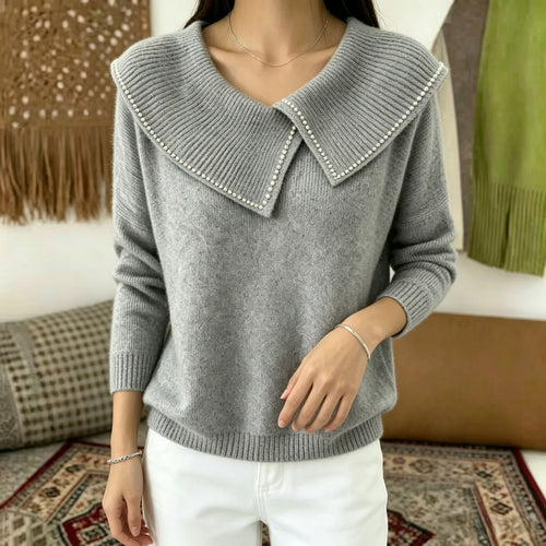 Damen Pullover mit übergroßem Matrosenkragen und Perlenbesatz – Mavelle