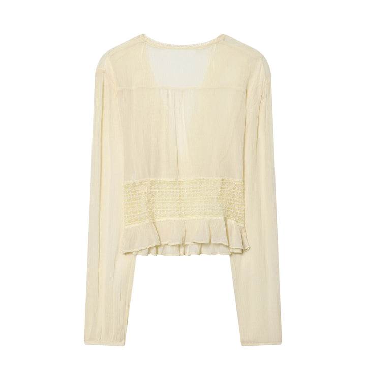 Damen viktorianisch inspirierte V-Neck Bluse mit Smok-Taillenband, Spitzenbesatz und Volantabschluss – Élovi