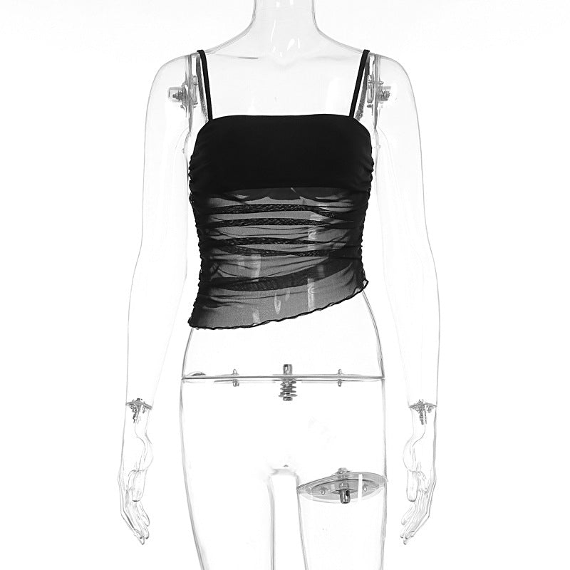 Damen leichtes Rüschenshirt mit Spaghettiträgern und transparenten Einsätzen Echo Archiv