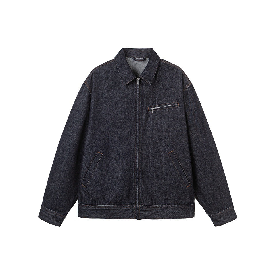 Herren Locker geschnittene Denim-Worker-Jacke mit verdecktem Reißverschluss und schräger Brusttasche Echoarchiv