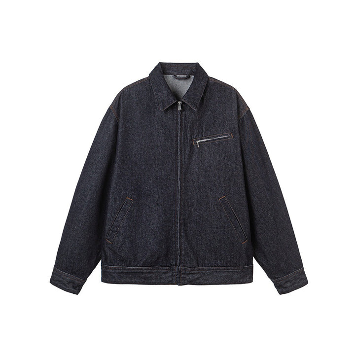 Herren Locker geschnittene Denim-Worker-Jacke mit verdecktem Reißverschluss und schräger Brusttasche Echoarchiv