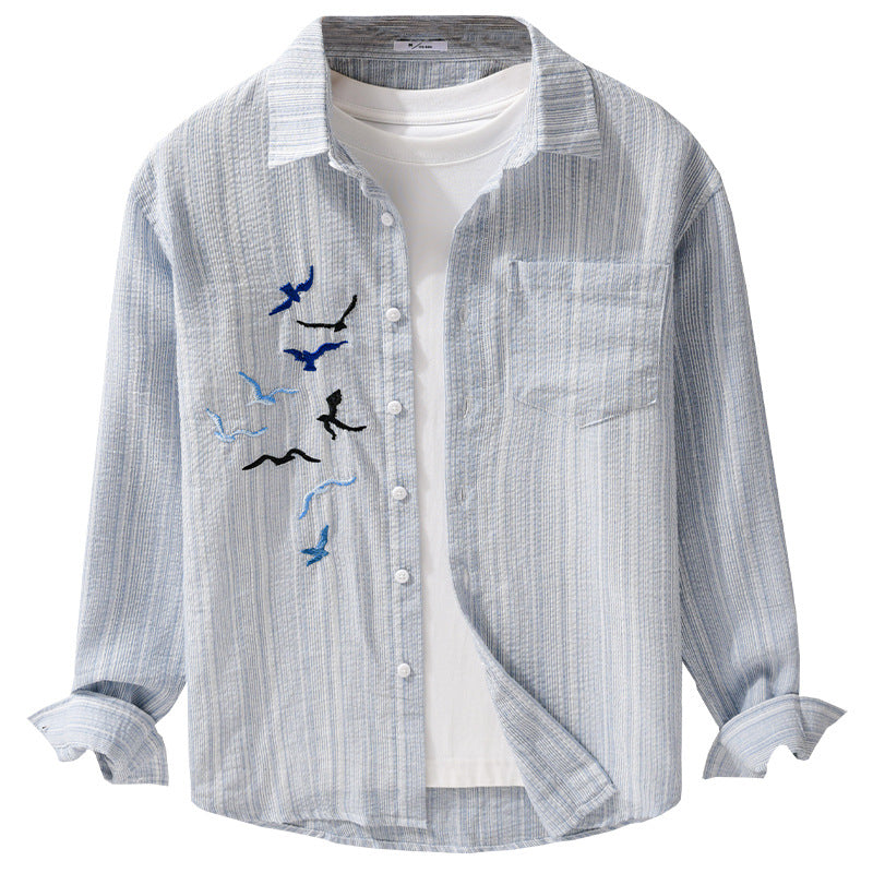 Herren Leichtes gestreiftes Overshirt aus Leinen-Baumwollmix mit Vogelstickerei Echoarchiv