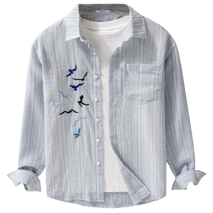 Herren Leichtes gestreiftes Overshirt aus Leinen-Baumwollmix mit Vogelstickerei Echoarchiv