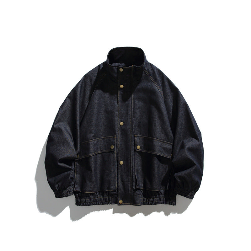 Unisex Boxy Jeansblousonjacke mit Stehkragen, Druckknopffront und elastischem Saum Echoarchiv