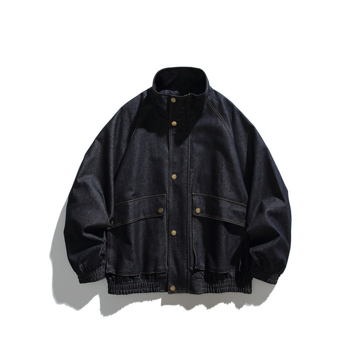 Unisex Boxy Jeansblousonjacke mit Stehkragen, Druckknopffront und elastischem Saum Echoarchiv