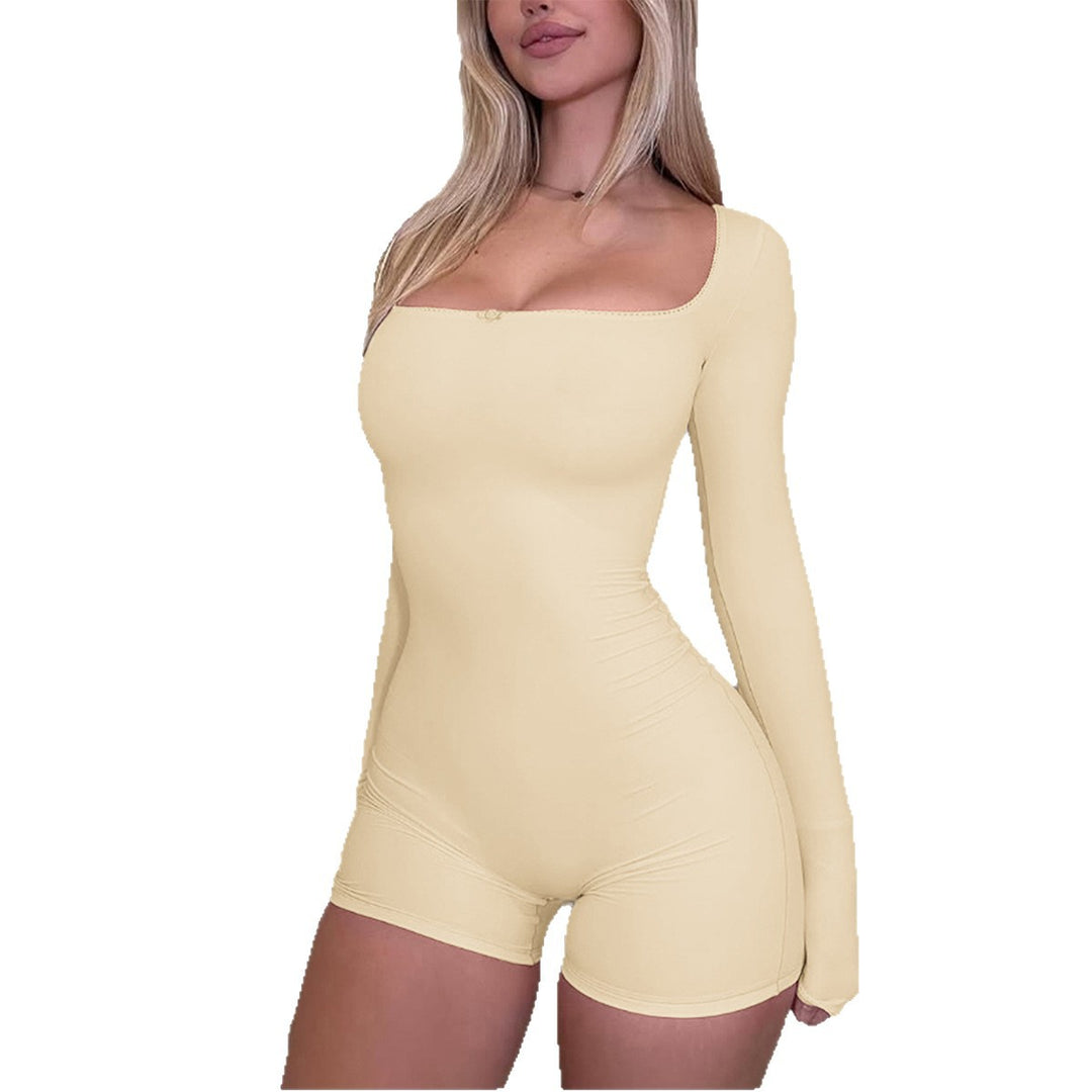 Damen figurbetonter Jumpsuit mit quadratischem Ausschnitt, langen Ärmeln und shorts-Länge – Solévia