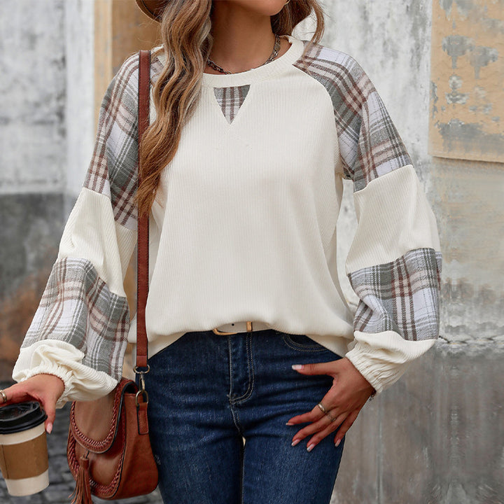 Damen Legeres Raglan-Sweatshirt mit karierten Ballonärmeln, Keyhole-Ausschnitt & gerafften Bündchen Echoarchiv