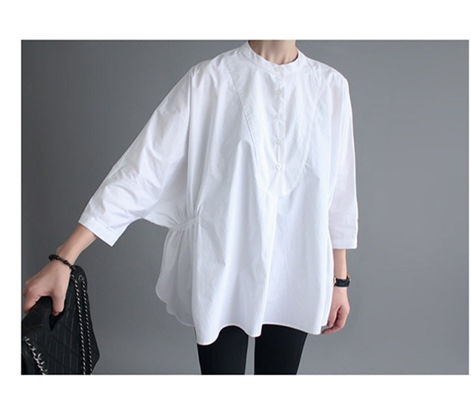 Damen Oversized-Bluse mit Stehkragen, ballonförmiger Silhouette und 3/4-Ärmeln Echoarchiv