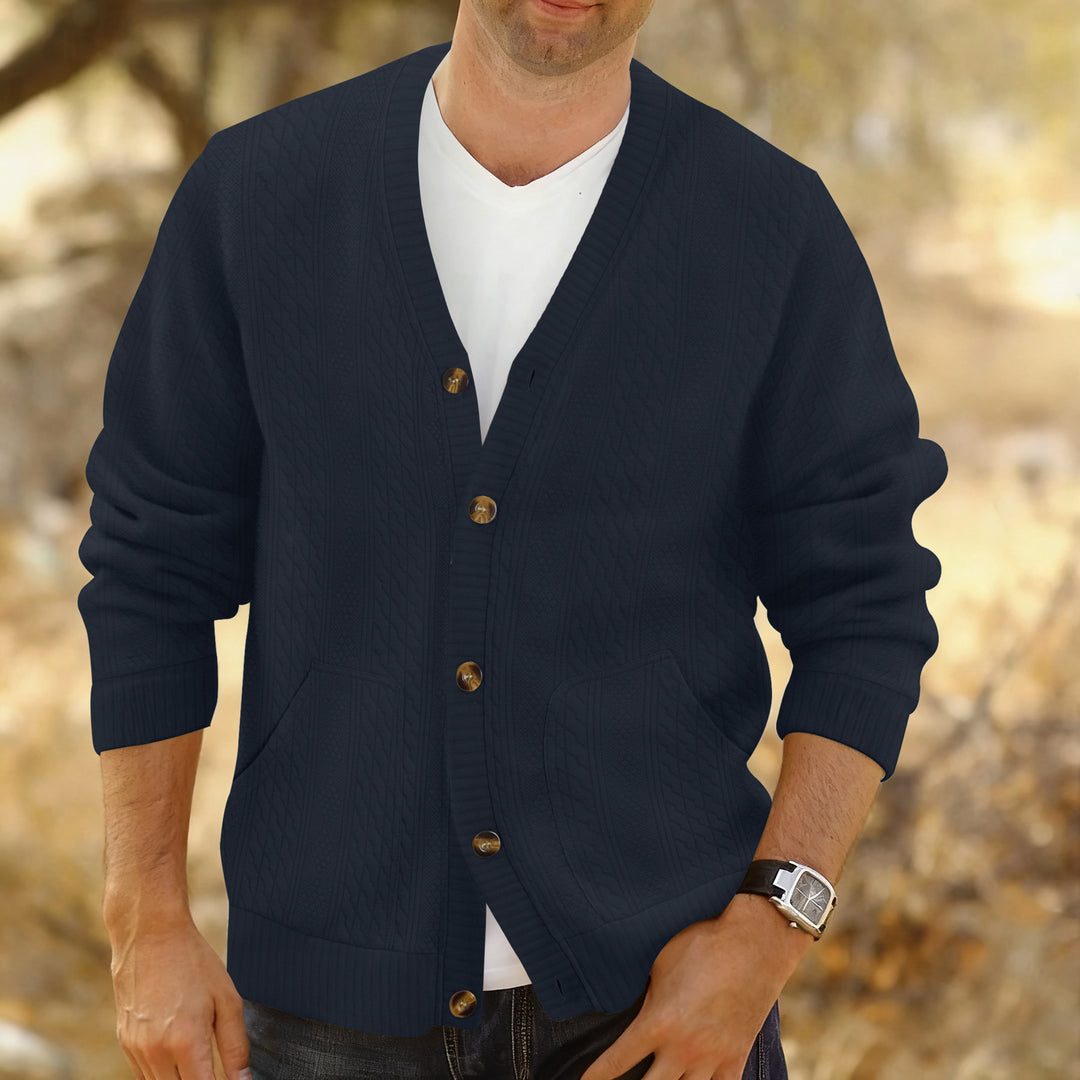Herren Strukturierter Strickcardigan mit Zopf- und Waffelmuster, Knopfleiste und aufgesetzten Taschen Echoarchiv