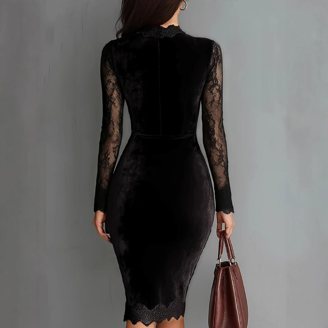Damen Elegantes Samtkleid mit Spitzeneinsätzen und tailliertem Schnitt Echo Archiv